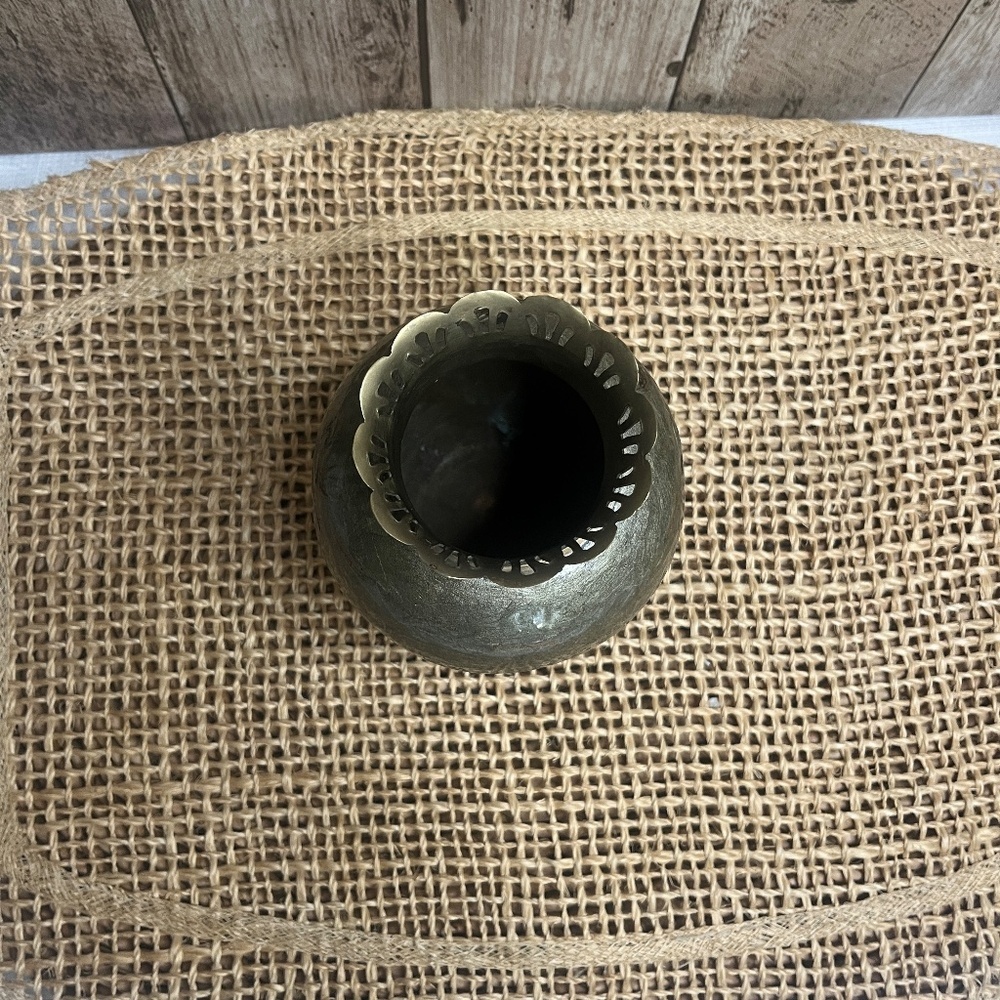 Vintage Amber Art Glass Bud Vase with Decorative Pierced Rim | Rustic Boho Home - Picture 6 of 6